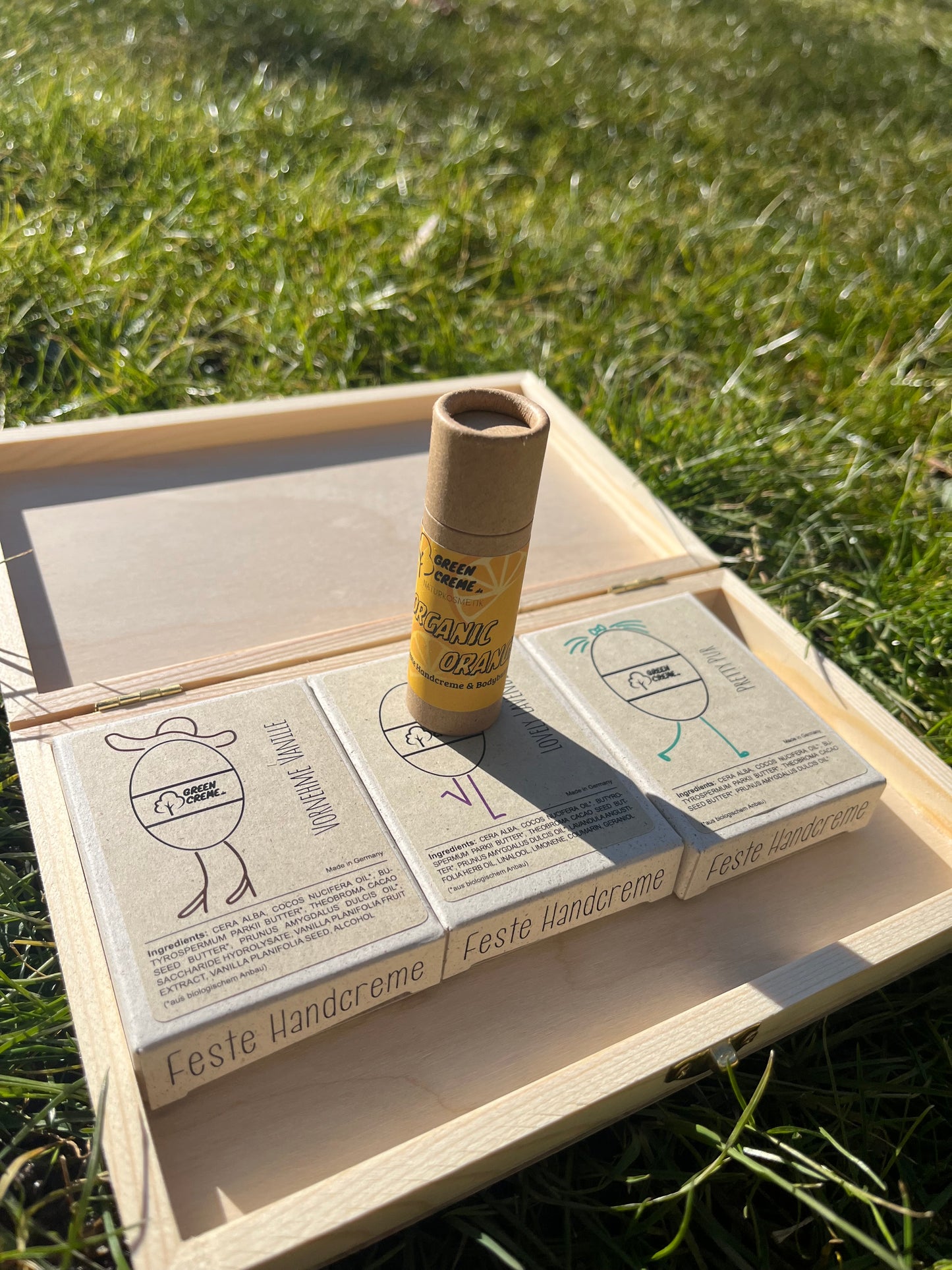 Holz Geschenkset - insgesamt 90 Gramm feste Handcreme + Organic Orange Stick